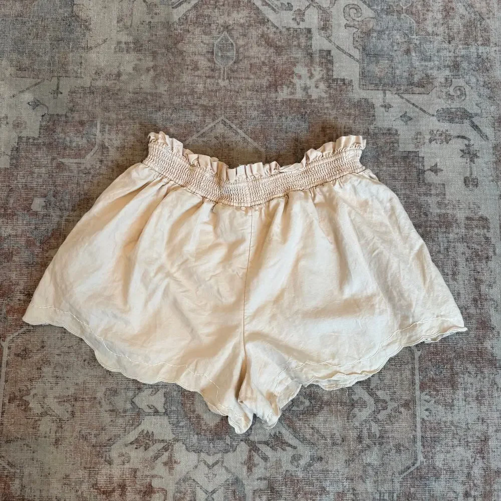 Anthropologie Linen Double Waistband Scalloped Shorts Beige, Summer, Cottagecore